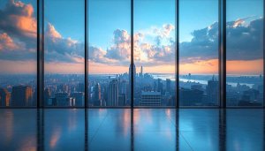Cityscape Sunset View From Office Window 4K Desktop Wallpaper