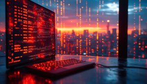 Red Code on Laptop with Cityscape Background Mobile Wallpaper