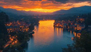 Sunset Cityscape River 4K Wallpaper, City Lights Desktop Background