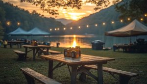 Lake Picnic Table Sunset 4K Desktop Mobile Wallpaper Background