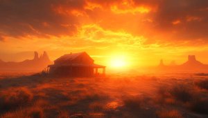Fiery Desert Sunset House Landscape 4K Desktop Background Wallpaper