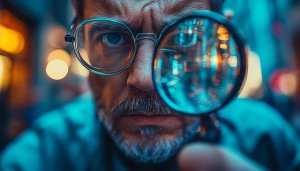 Intense Man Portrait With Magnifying Glass 4K Desktop Wallpaper
