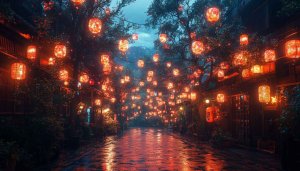 Chinese New Year Street with Lanterns Free Mobile Wallpaper