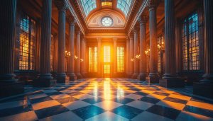 Grand Hall Architecture Wallpaper, Palace Interior Background, Golden Sunlight