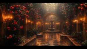 Romantic Rose Garden Fountain Wallpaper - Aesthetic Desktop Background 4K
