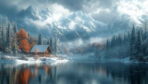Snowy Cabin Lake Winter Scene 4K Desktop Wallpaper Background