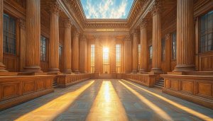 Grand Hallway Interior Golden Light Mobile and Desktop Wallpaper