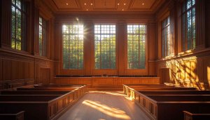 Elegant Wood Courtroom Interior 4K Desktop Background Aesthetic Wallpaper
