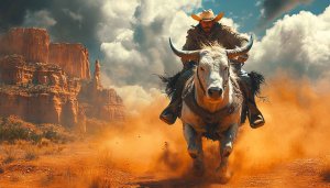 Cowboy Riding Bull Desert Landscape 4K Desktop Mobile Background Wallpaper