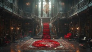 Grand Staircase Library 4K Wallpaper, Dark Academia Aesthetic Background