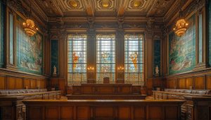 Ornate Courtroom Interior Wallpaper, Stained Glass Windows, Free Desktop Background