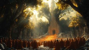 Monks Gathering Temple Golden Light Mobile Wallpaper Free