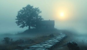 Foggy Morning House Desktop Wallpaper, Mobile Background, Atmospheric Landscape