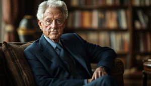 Distinguished Silver Haired Man Portrait in Library 4K Desktop Wallpaper