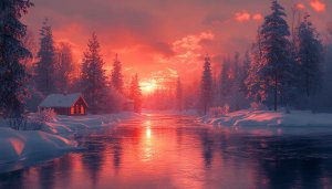 Winter Cabin Sunset 4K Desktop Wallpaper: Free Download