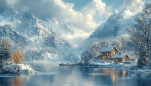 Winter Mountain Cabin Lake 4K Desktop Background Mobile Wallpaper