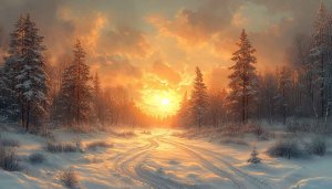 Snowy Winter Forest Sunset 4K Desktop Background Mobile Wallpaper