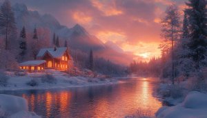 Winter Cabin by Lake Free 4K Desktop Wallpaper Background