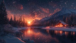 Winter Cabin Sunset Lake Mobile Wallpaper, Snowy Night Landscape