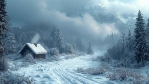 Winter Cabin Mountain Forest Scenery 4K Desktop Wallpaper Background