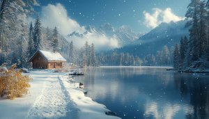 Winter Cabin Lake Snow Mountain 4K Desktop Background Wallpaper