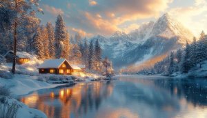 Winter Cabin Lake Scenery 4K Desktop Wallpaper Free Download