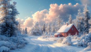 Winter Cabin Snow Landscape 4K Desktop Mobile Wallpaper Free
