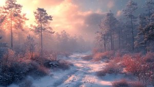 Pink Sunset Winter Forest Snow Path Mobile Desktop Wallpaper 4K