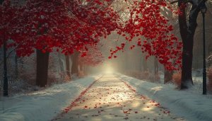 Winter park path with red leaves 4K desktop wallpaper