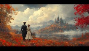 Autumn Couple Castle River View 4K Desktop Background Wallpaper