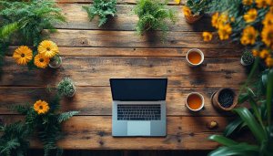 Laptop Surrounded by Plants: Free Desktop Wallpaper for Nature Lovers