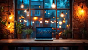 Cozy Workspace Setup Wallpaper, Brick Wall with Cityscape Background