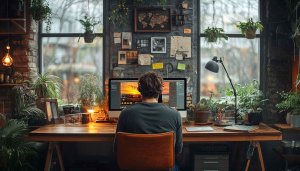 Cozy Home Office Desktop Wallpaper - Plants, Natural Light, Workspace