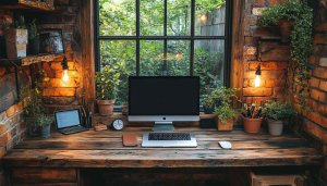 Rustic Home Office Setup Desktop Background Free High Resolution