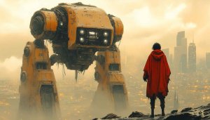 Sci-Fi Orange Robot Mobile Wallpaper, Red Cloak Futuristic Cityscape Background