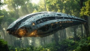 UFO Flying Over Forest 4K Wallpaper Alien Spaceship Sci-Fi Background