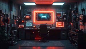 Cyberpunk Workspace 4K Desktop Background, Tech Room Wallpaper, Industrial Design