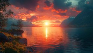 Fiery Sunset Lake Landscape 4K Desktop Mobile Wallpaper Background