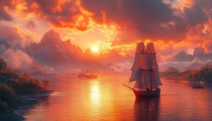 Sailing Ship Sunset Mountain 4K Desktop Background Free Wallpaper