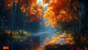Autumn Forest River Scenery 8K Desktop Wallpaper Landscape Background