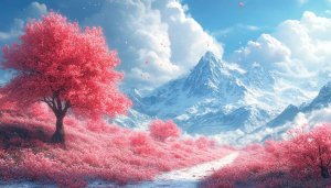 Pink Cherry Blossom Tree Snowy Mountain 4K Desktop Wallpaper