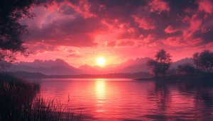 Fiery Red Sunset Lake Scenery 4K Desktop Wallpaper Background
