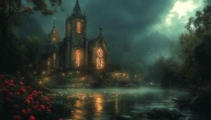 Mystical Church by Lake 4K Desktop Wallpaper Free Mobile Background