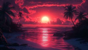 Red Sunset Beach Palm Trees 4K Desktop Background Wallpaper