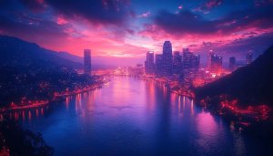 Cityscape Sunset 4K Wallpaper - Pink Sky, Blue Water Background