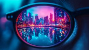 Neon Cityscape Reflection Mobile Wallpaper, Futuristic Night 4K Background