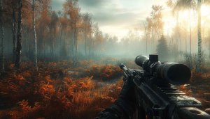 Sniper Rifle in Autumn Forest 4K Desktop Background Wallpaper