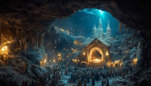 Fantasy Cave Gathering Wallpaper, Medieval Castle Scenery, Magical Night Background