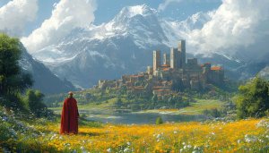 Medieval Castle Landscape with Red Cloak Figure 4K Wallpaper