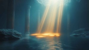 Sunlit Temple Ruins 4K Desktop Background, Underwater Cave Wallpaper